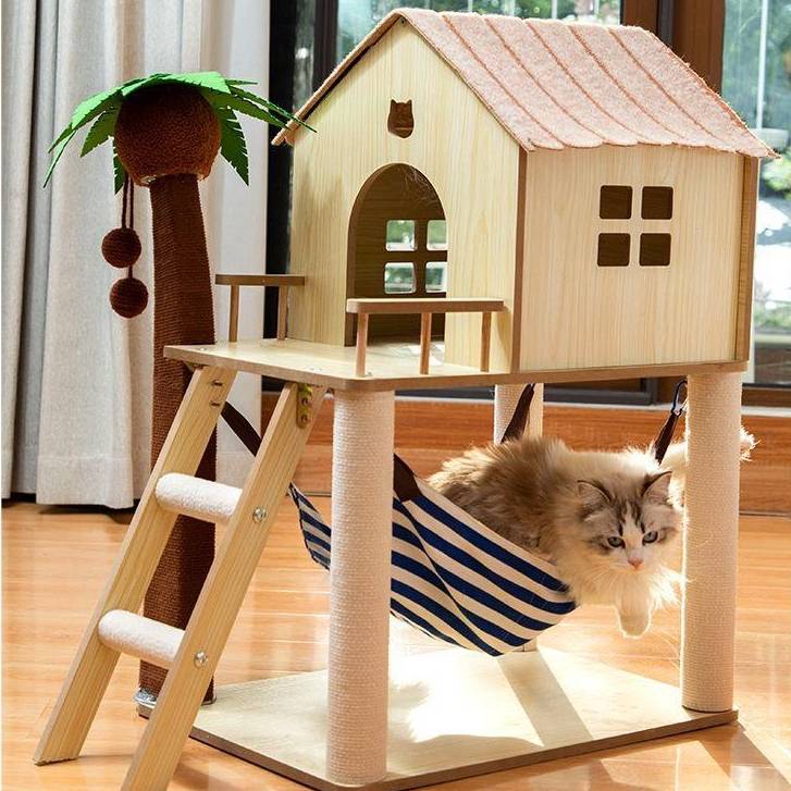 CatHoliday บ้านไม้พร้อมบันไดและต้นมะพร้าว บ้านแมว ที่นอนแมว