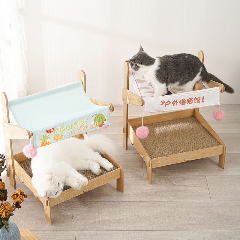 CatHoliday เตียงไม้หลังคาผ้า ที่นอนแมว ลับเล็บแมว ที่นอนสัตว์เลี้ยง
