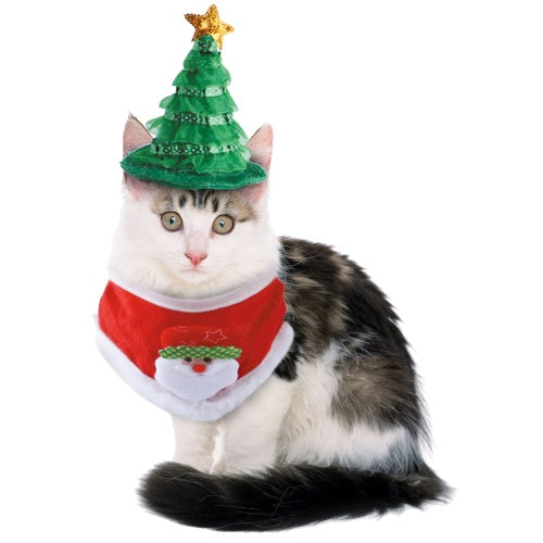 CatHoliday หมวกคริสต์มาสและผ้ากันเปื้อนซานต้า แต่งตัวแมว แต่งตัวสุนัข เสื้อผ้าสัตว์เลี้ยง ชุดเทศกาล