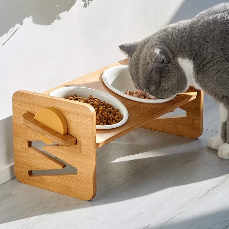CatHoliday ชามเซรามิกฐานไม้คู่ ปรับระดับได้ ชามอาหารแมว ชามอาหารสัตว์เลี้ยง
