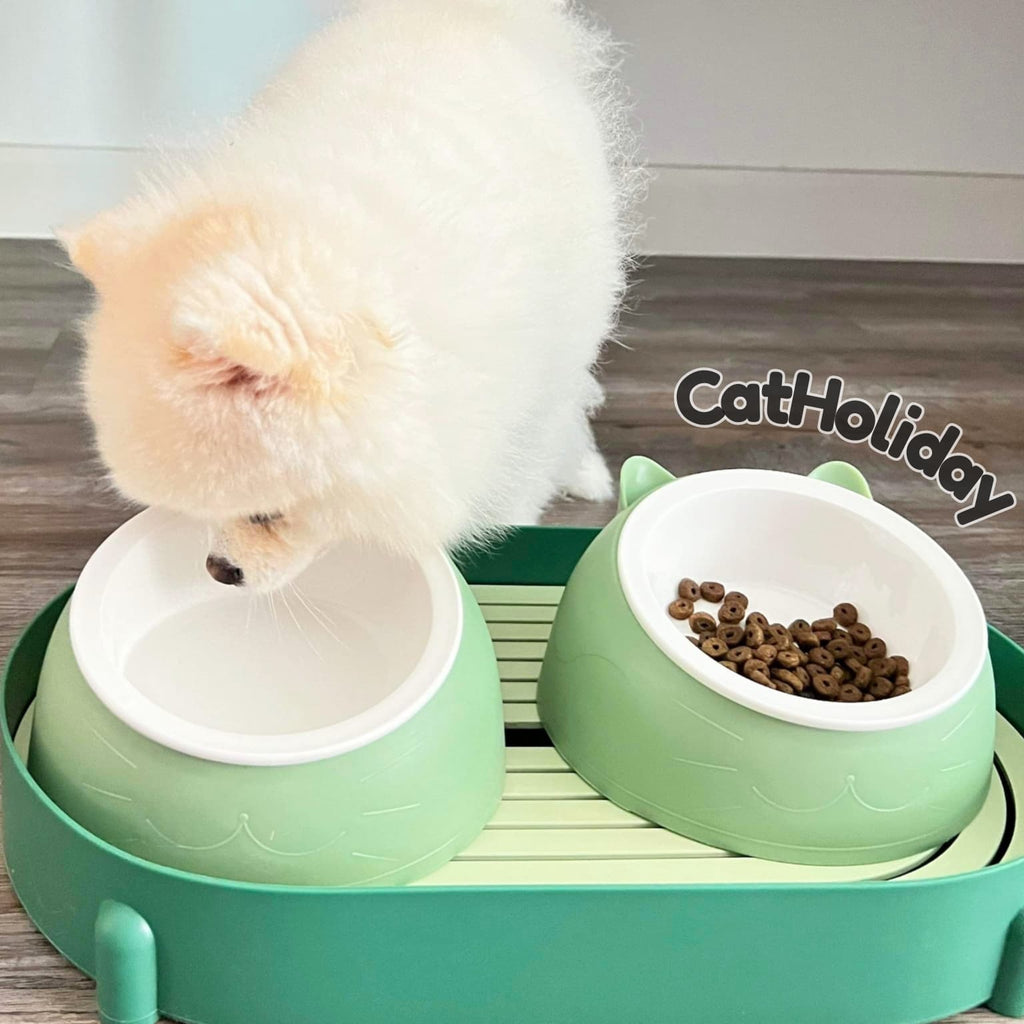 CatHoliday ชามหน้าแมวคู่พร้อมถาดกันหก ชามอาหารแมว ชามอาหารสุนัข ชามอาหารสัตว์เลี้ยง