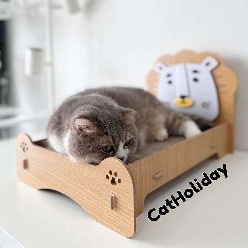 CatHoliday เตียงไม้พร้อมแผ่นฝนเล็บ ที่นอนแมว ลับเล็บแมว