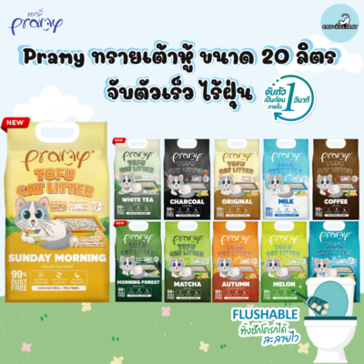 [ 20 ลิตร ] Pramy ทรายแมวเต้าหู้ธรรมชาติ ฝุ่นน้อย จับตัวเป็นก้อนเร็ว ไม่ติดเท้าแมว ทิ้งชักโครกได้ ละลายไว ประหยัดทราย