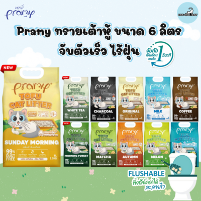 [ 6 ลิตร ] Pramy ทรายแมวเต้าหู้ธรรมชาติ ฝุ่นน้อย จับตัวเป็นก้อนเร็ว ไม่ติดเท้าแมว ทิ้งชักโครกได้ ละลายไว ประหยัดทราย