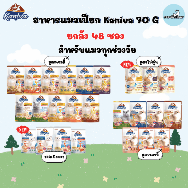 CatHoliday [ยกลัง 48 ซอง] Kaniva อาหารแมวเปียก คานิว่า สำหรับแมวทุกช่วงวัย พร้อมคุณประโยชน์ ขนาด 70 g/ซอง