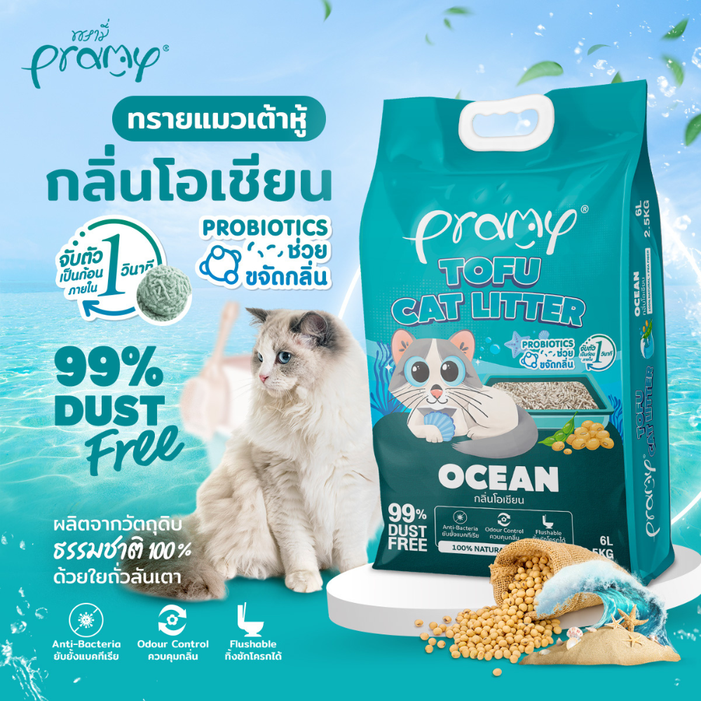 ( 20 ลิตร) Pramy ทรายแมวเต้าหู้ธรรมชาติ ฝุ่นน้อย จับตัวเป็นก้อนเร็ว ไม่ติดเท้าแมว ทิ้งชักโครกได้ ละลายไว ประหยัดทราย - Image 3