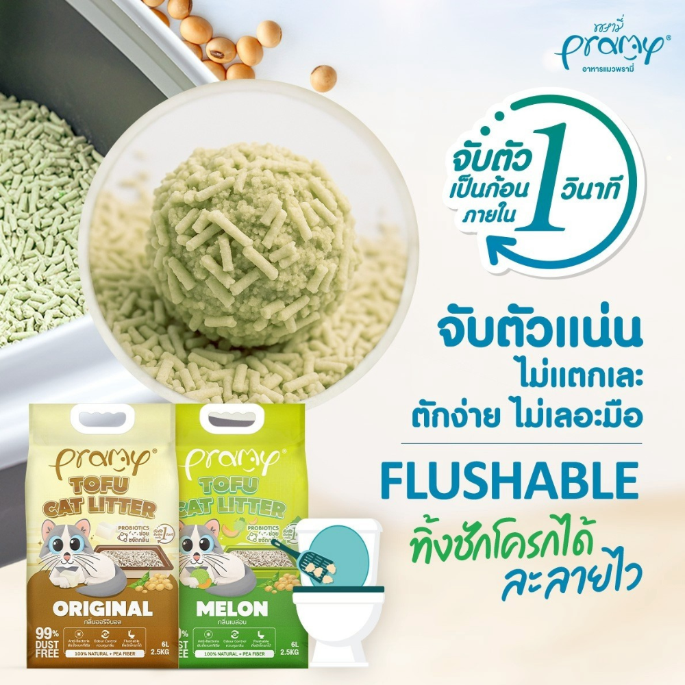 ( 20 ลิตร) Pramy ทรายแมวเต้าหู้ธรรมชาติ ฝุ่นน้อย จับตัวเป็นก้อนเร็ว ไม่ติดเท้าแมว ทิ้งชักโครกได้ ละลายไว ประหยัดทราย - Image 11