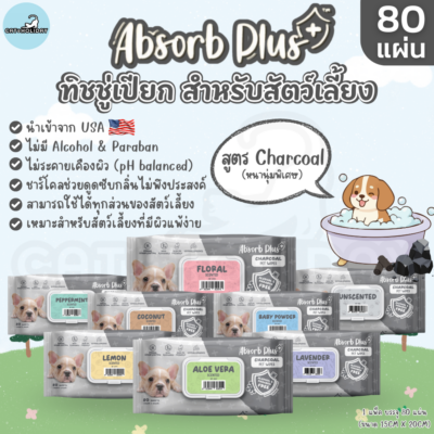 [ 1แพ็ค 80แผ่น ] Absorb Plus ทิชชู่เปียกชาร์โคล ผ้าเปียกทำความสะอาด สัตว์เลี้ยง มาตรฐานอเมริกา ขนาด 15x20 cm